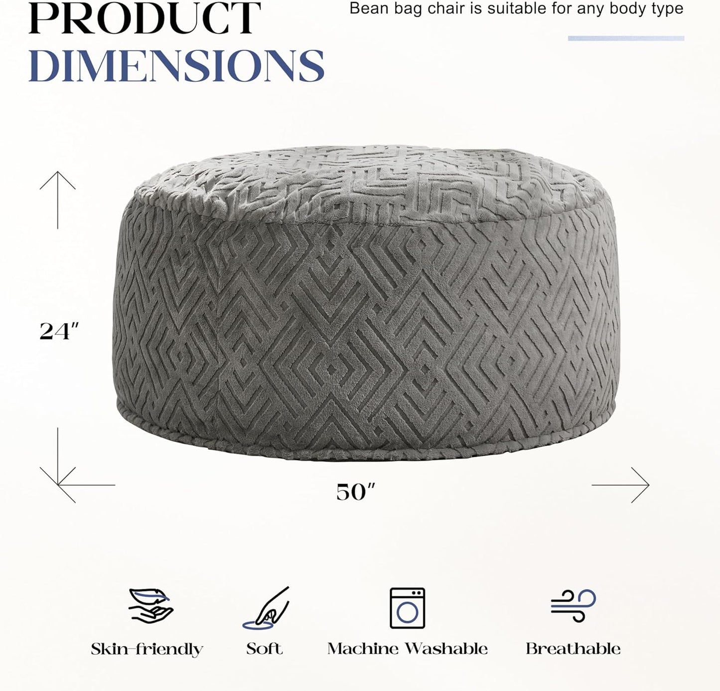 Hobestluk Bean Bag Chairs Adults Beanbag Chair with Filler Large Bean Bags with Fluffy Embossed Cover, Giant Bean Bag Chairs for Adults (Grey, 5FT - 50” x 50” x 24”)