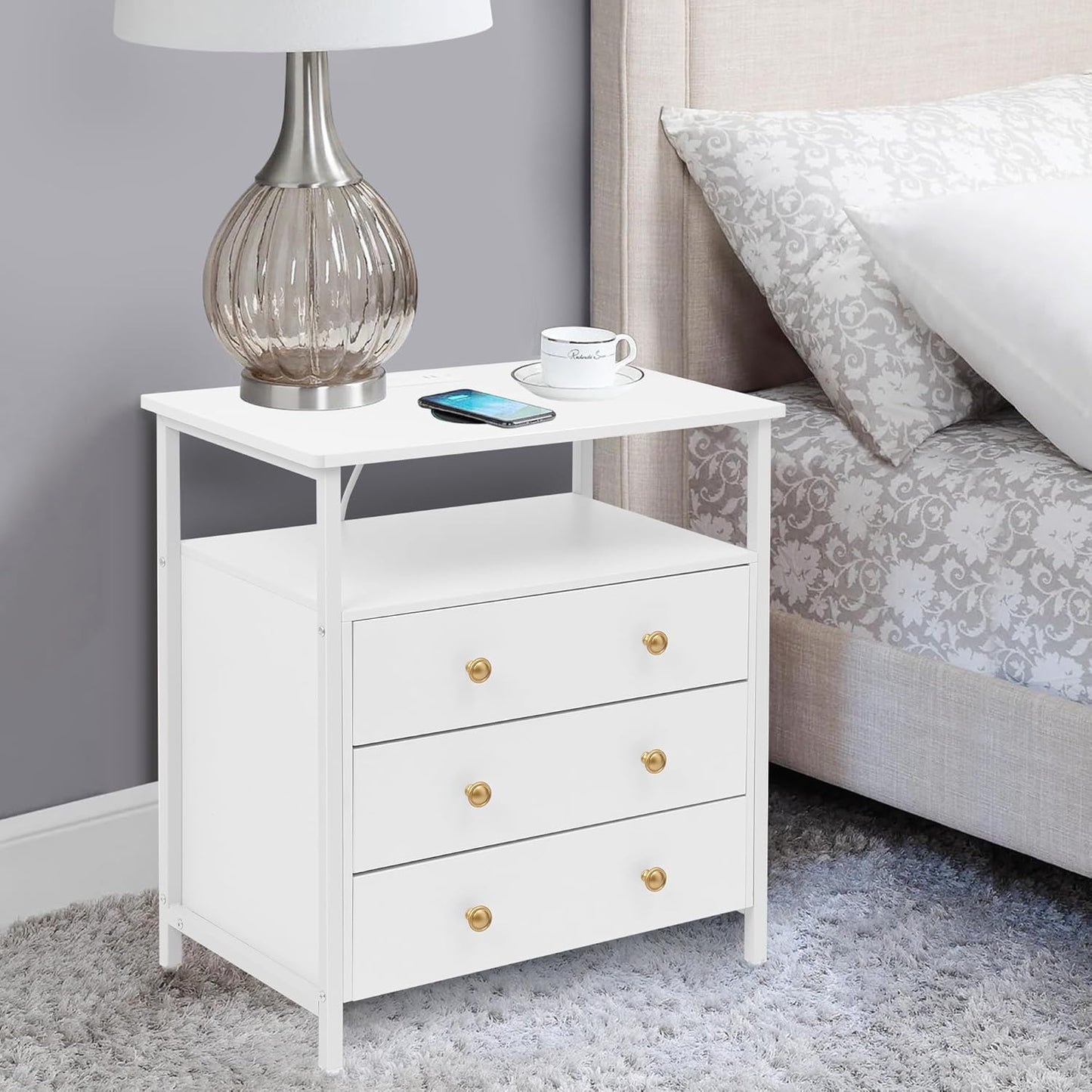 3 Wooden Drawers Night Stand, 27 Inch Wide Nightstand with Charging Station and Adjustable Drawers, Bedside Table for Living Room/Bedroom/Office, White.