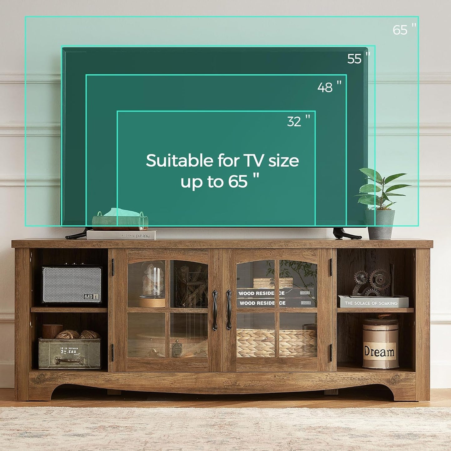 LINSY HOME Farmhouse TV Stand for 65 Inch TV, Wood Entertainment Center with Glass Door Storage Cabinet & Adjustable Shelves, Large Sturdy Console Table for Living Room & Bedroom