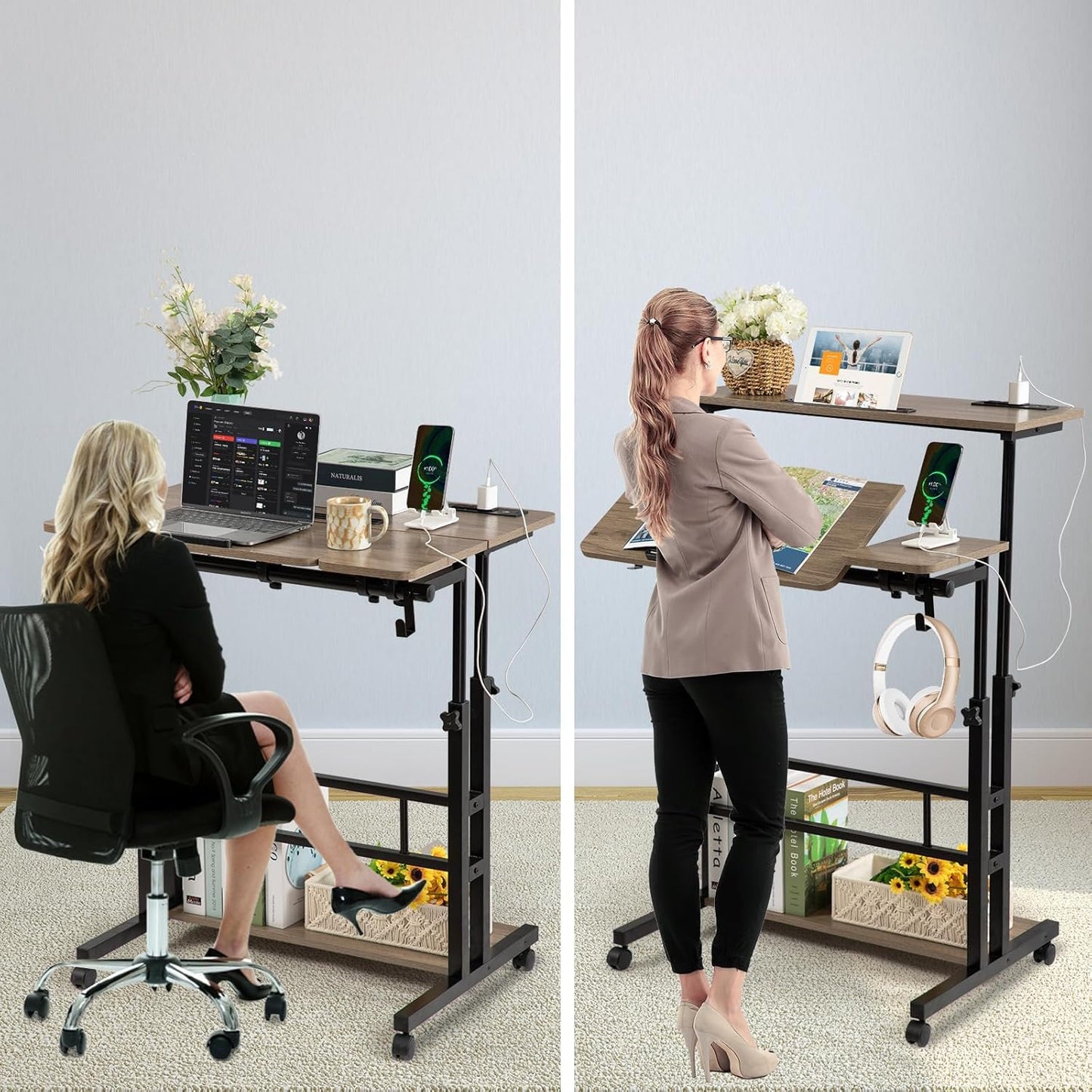 Hadulcet Stand Up Desk, Rolling Desk Adjustable Height, Mobile Standing with Wheels & Charging Station Grey or Rustic Brown