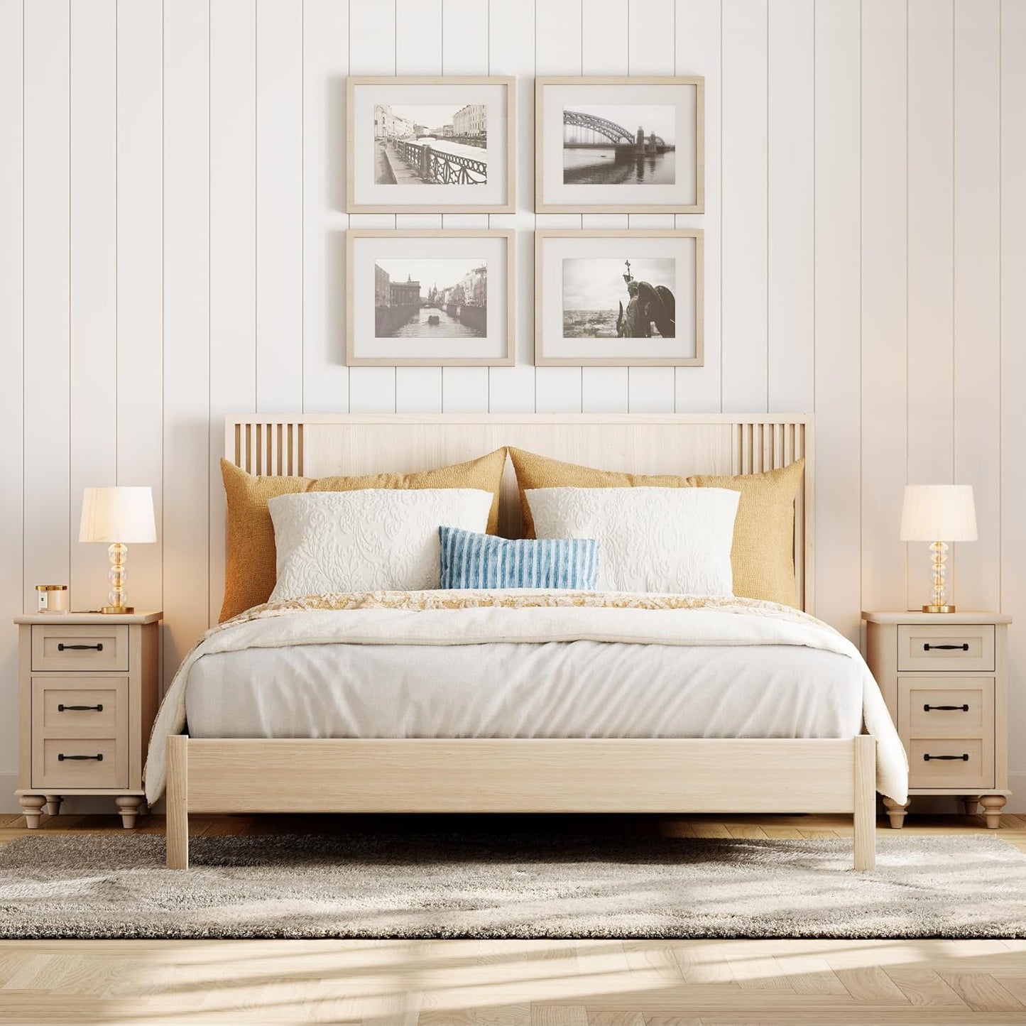 WAMPAT Set of 2 End Tables with Charging Station, Beige Tall Side Table with Storage Cabinet & Drawer, Wooden Nightstands with Power Outlets & USB Ports for Bedroom, Living Room