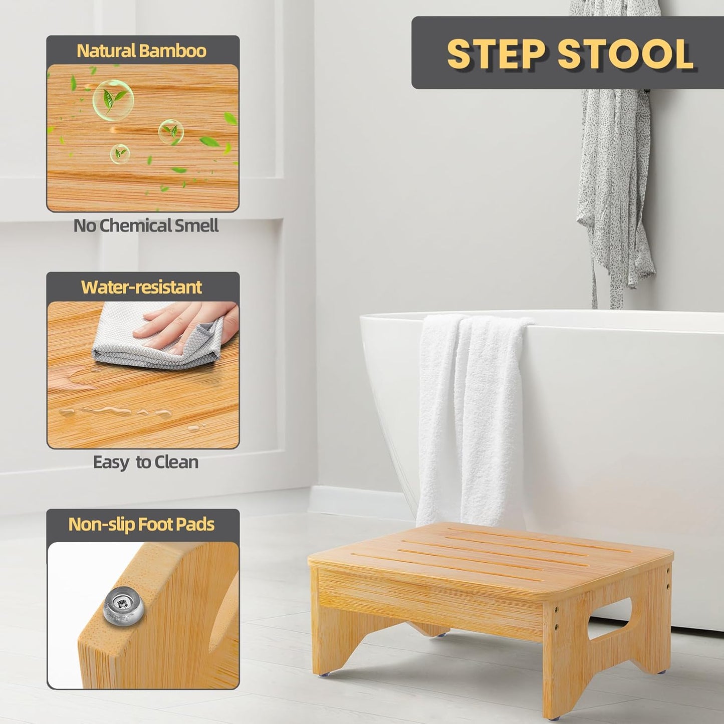 Wooden Step Stool for Adults & Kids, Non-Slip Rubber Feet, 6.5 Inch High, Lightweight Small Step, 400 Lbs Capacity, Bed Step Stool for High Bed, Bathroom & Kitchen, Bamboo