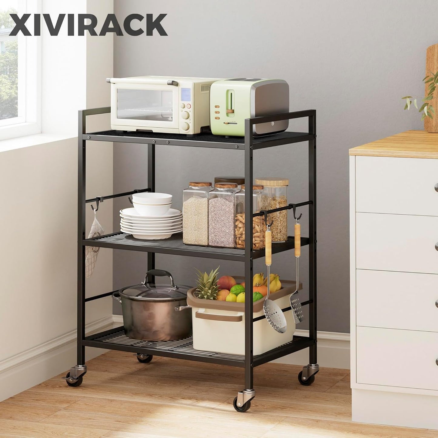 3-Tier Metal Storage Rack with Industrial Wheels,Mesh Shelving Unit with Wooden Table top,Adjustable Shelf,23.6-Inch Width,15.8-Inch Depth, for Kitchen, Laundry,Pantry,Plant,Black panel