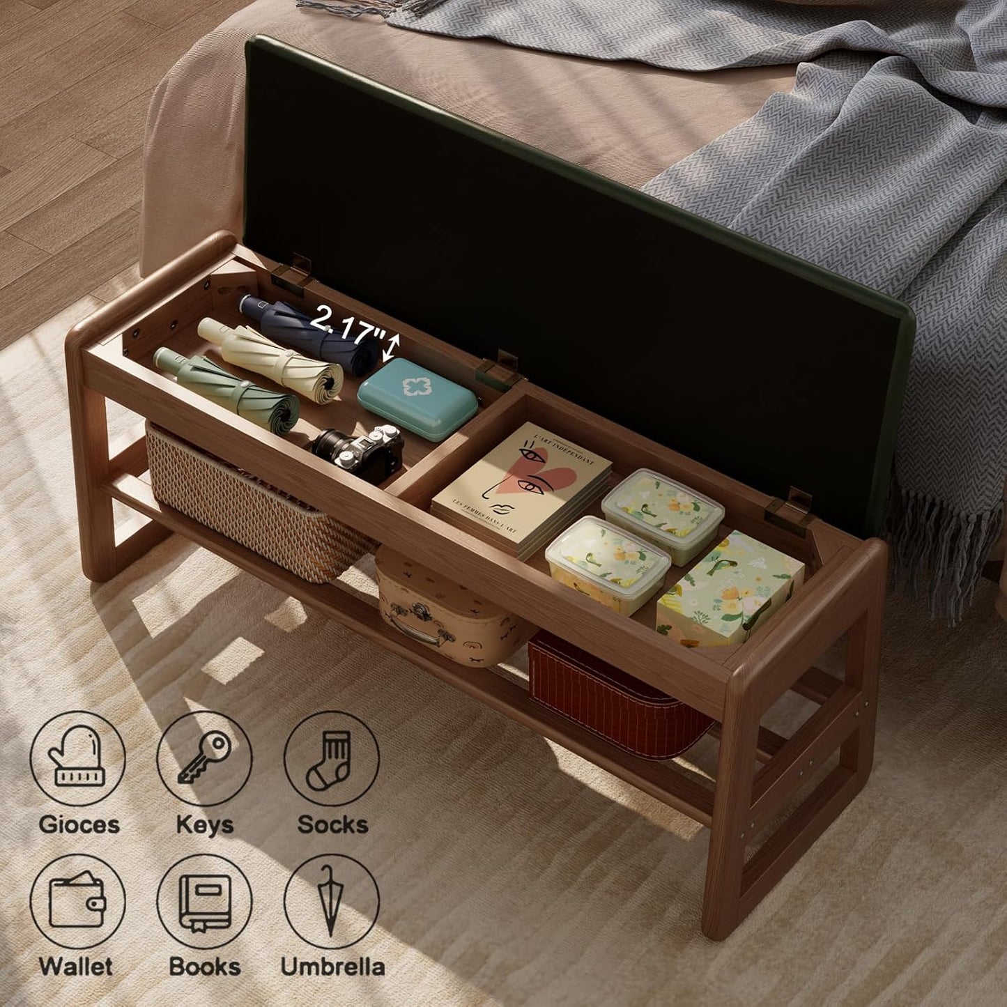 Shoe Rack Bench with Leather Cushion,2 Tiers Shoe Bench with Flip-Top Storage,Wood Shoe Rackh for Entryway,Hallway（Green,39.3"）