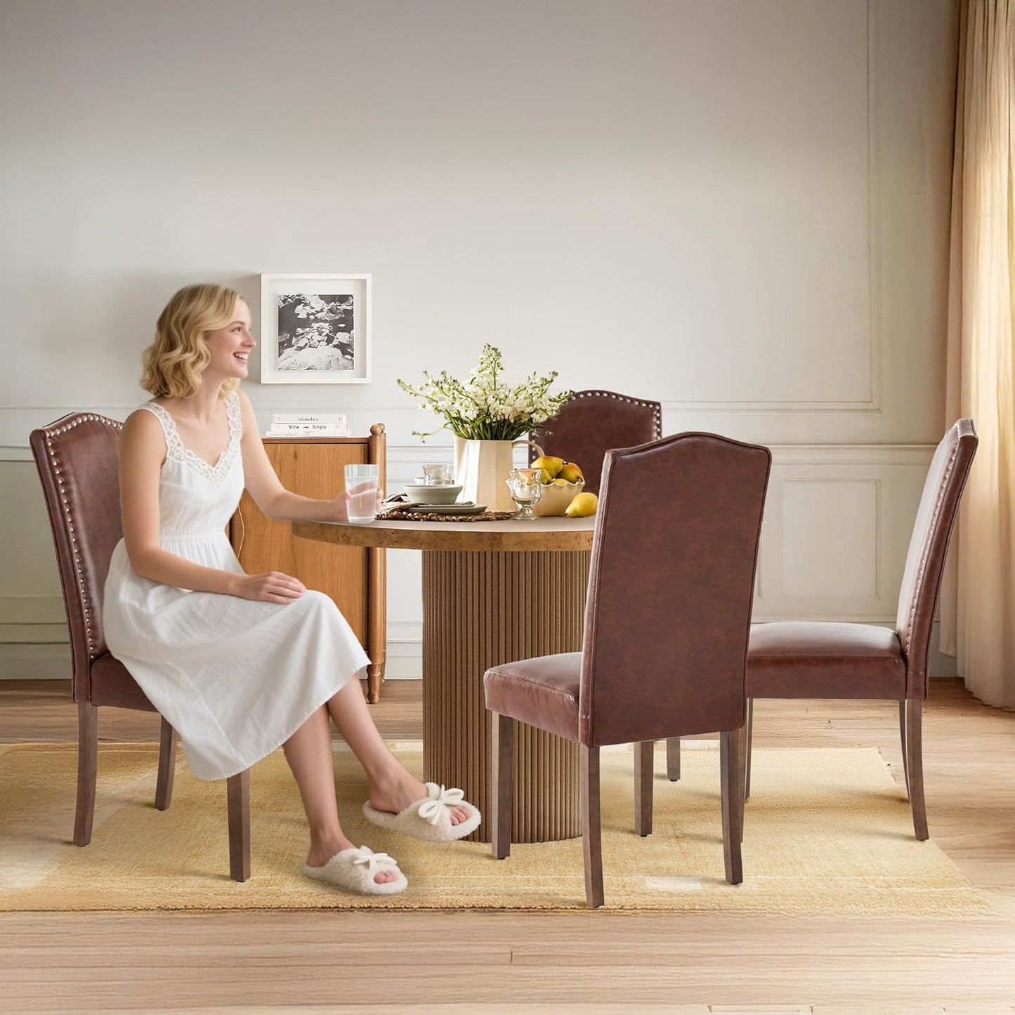 Stylish Upholstered Parsons Dining Chair PU Faux Leather with Silver Nailhead Trim and Sturdy Solid Wood Legs