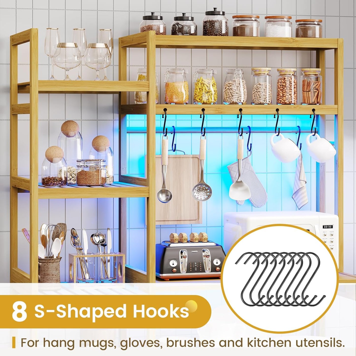 Bakers Rack with Power Outlet, Coffee Bar, 10-Tier Kitchen Shelves with 8 Hooks, Microwave Stand Kitchen Rack Freestanding Utility Storage Shelf, 15.7 x 41 x 65 Inches, Bamboo