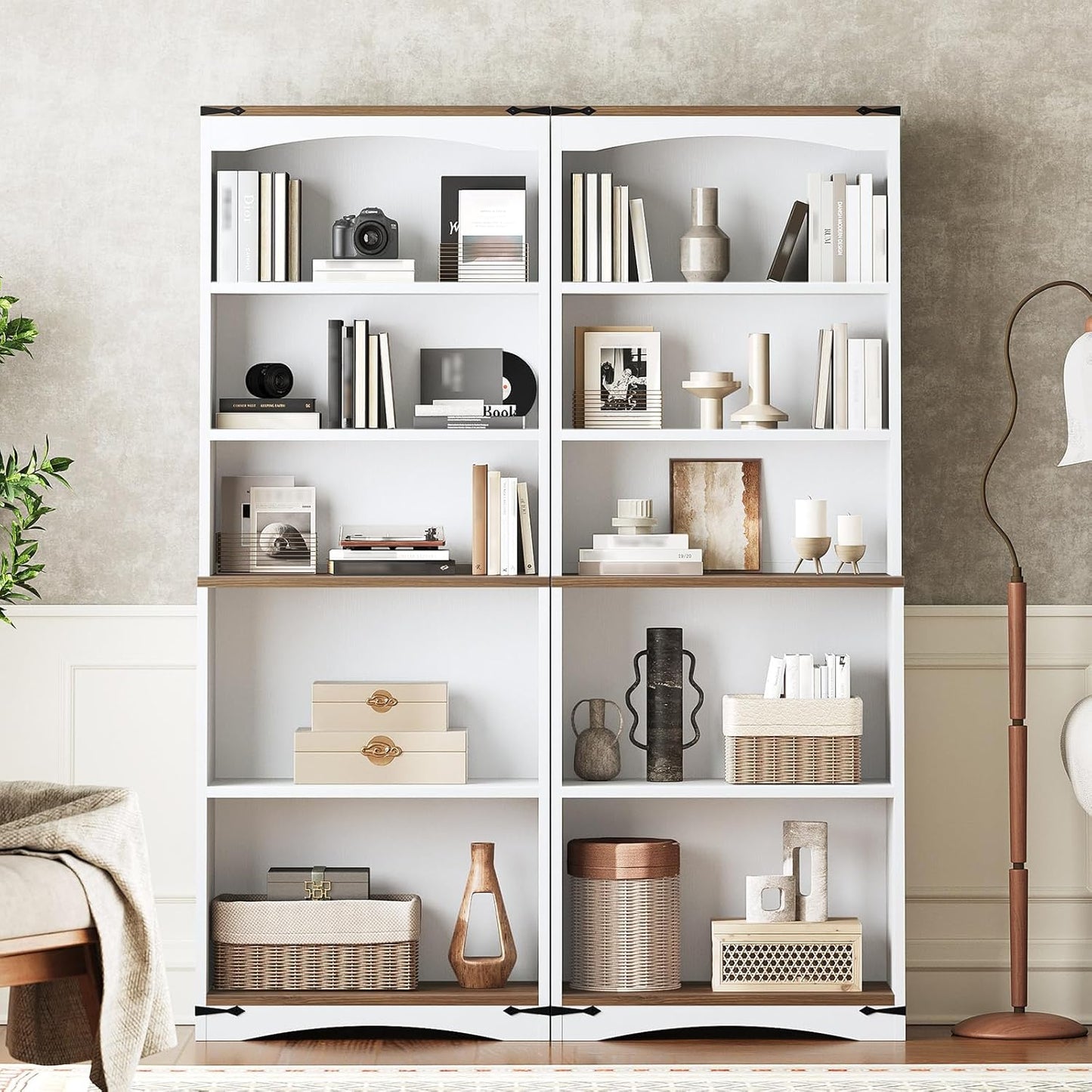 Tall Bookcase and Bookshelf, 6-Tier Bookcase with Storage, 63" Wooden Bookshelf, Farmhouse Freestanding Display Storage Shelves for Home Office, Living Room, White and Natural SJ09WH