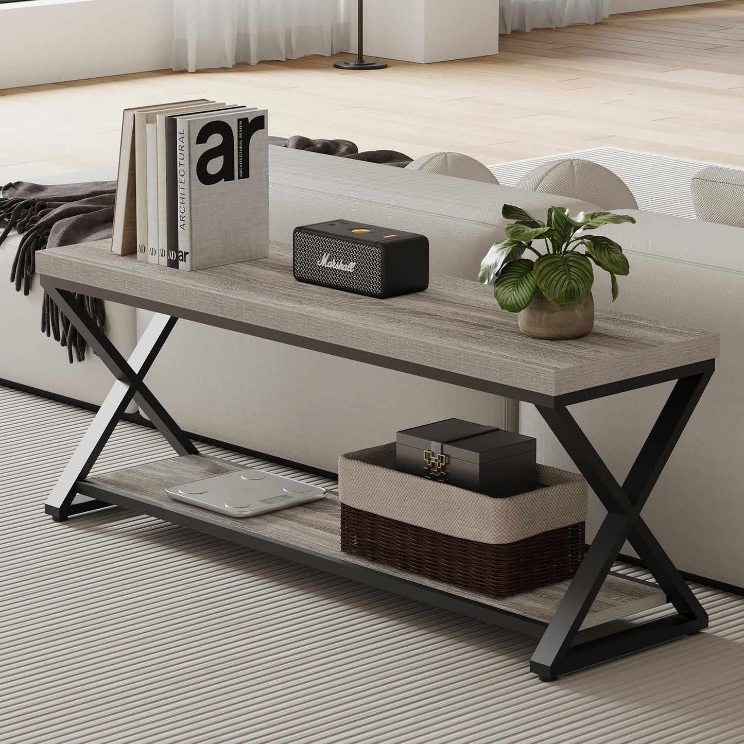 IBF Industrial Wood Entryway Bench, Indoor Farmhouse Hallway Accent Entry Bench for Seating Sitting with Storage, Metal Shoe Rack Grey Bench Organizer in Foyer Bedroom, Light Grey Oak, 47 Inch Long