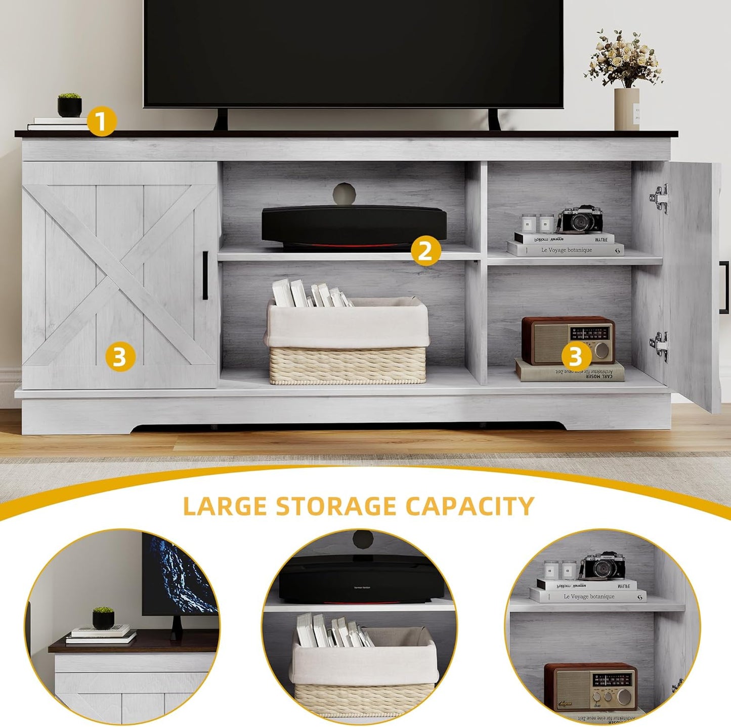 DWVO Farmhouse TV Stands for Living Room, Entertainment Center with Storage, TV Stand for 65 Inch TV with Double Barn Doors & Storage Cabinets, Rustic TV Cabinet Media Console, Espresso & Grey White