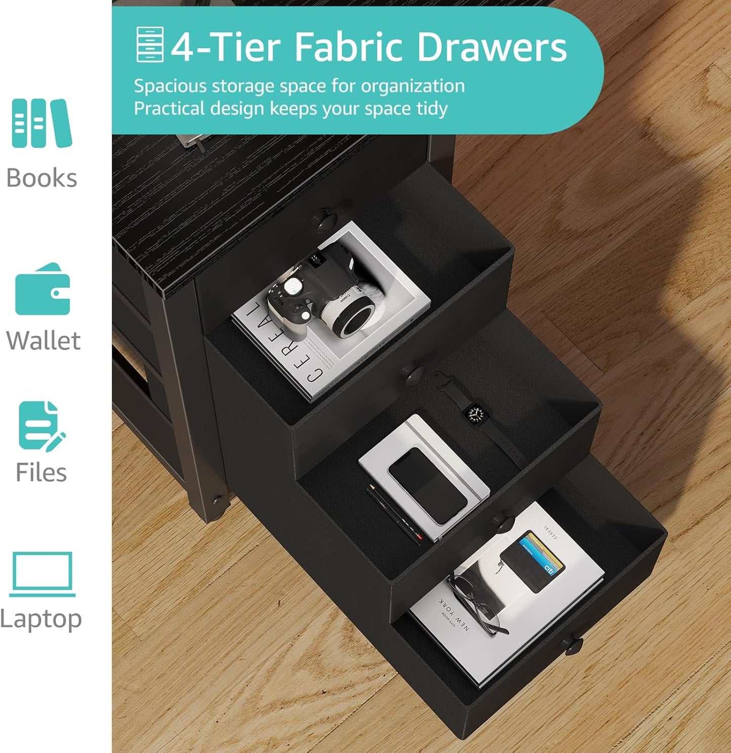 Lufeiya Gaming Desk with Fabric Drawers - 55 Inch Long Study Work Writing Reversible Computer Desk for Home Office Bedroom, Simple Modern Cute PC Desks with Drawer, Black