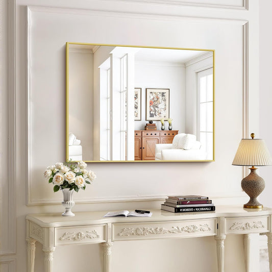 KOCUUY 30x40 Inch Large Gold Wall Mounted Mirror,Aluminum Framed Decorative Rectangular Bathroom Mirror for Wall Over Sink,Vanity Mirror for Bedroom Living Room Bathroom,Functional Oversized Mirror