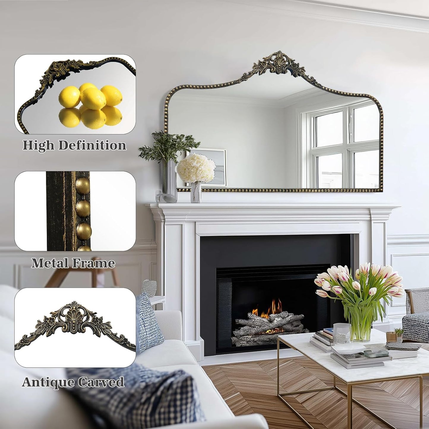 G-LEAF Vintage Baroque Mirror 48"X30", Victorian Antique Mirror with Black Brush Gold Ornate Metal Frame for Fireplace Entryway Living Room Hallway Bathroom