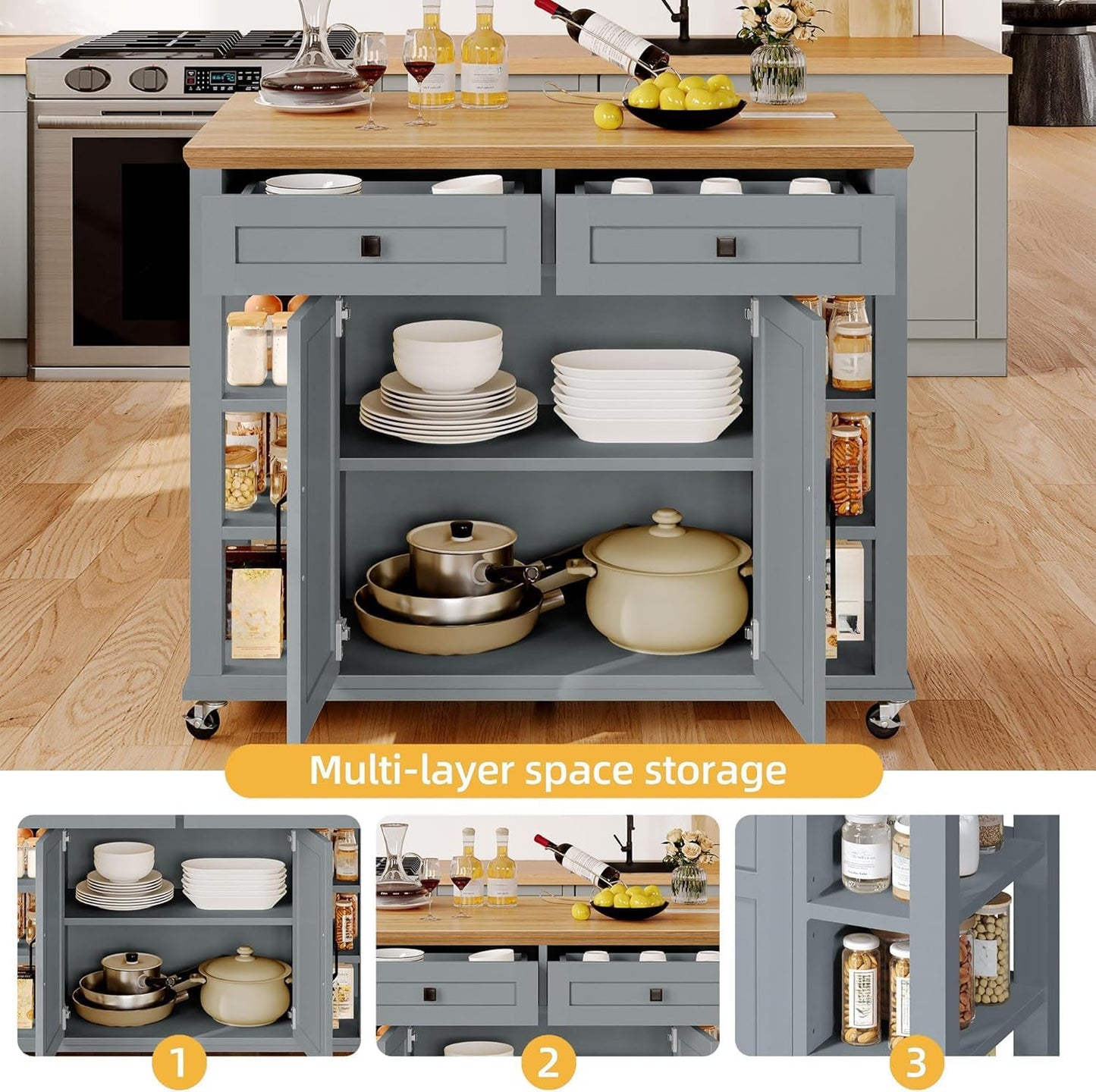 DWVO Rolling Kitchen Island with Drop Leaf, Mobile Storage Islands with Power Outlet Foldable Tabletop, 2 Drawers and Open Shelves, for Living Room, Dining Room, Blue Gray