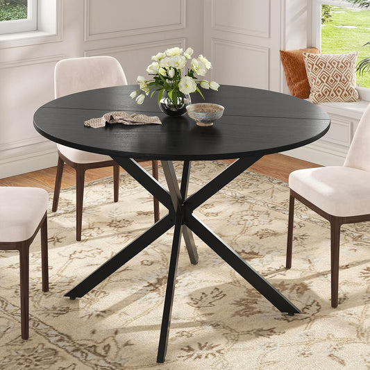 Unovivy 47" Round Dining Table for 4-6, Space Saving Circle Kitchen Dinner Table, Industrial Mid Century Modern Dining Room Desk for Kitchen, Apartment, Black
