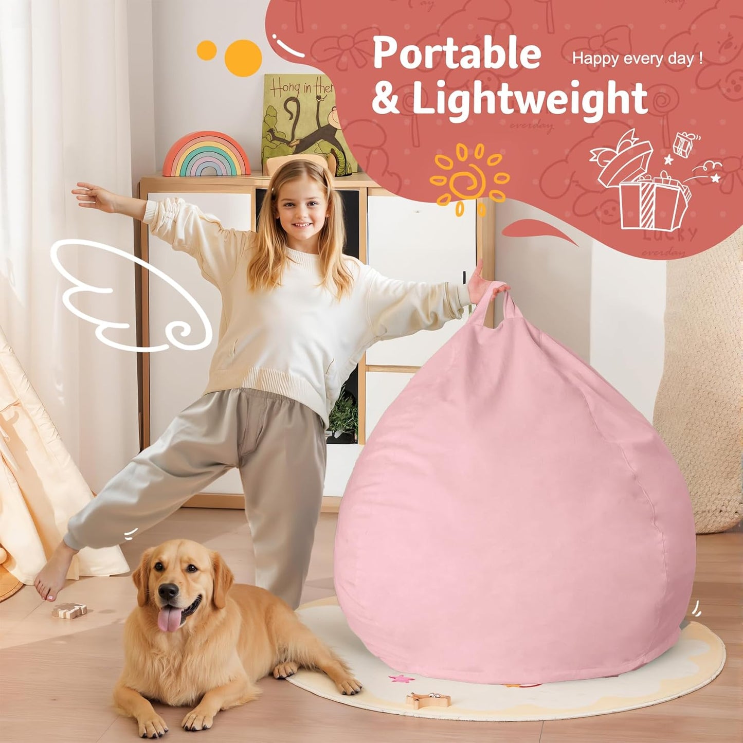 Homguava 2FT Bean Bag Chair: 2' Bean Bags with Memory Foam Filled,Comfy Beanbag Chairs Round Bean Bag Sofa with Dutch Velvet Cover-Light Pink