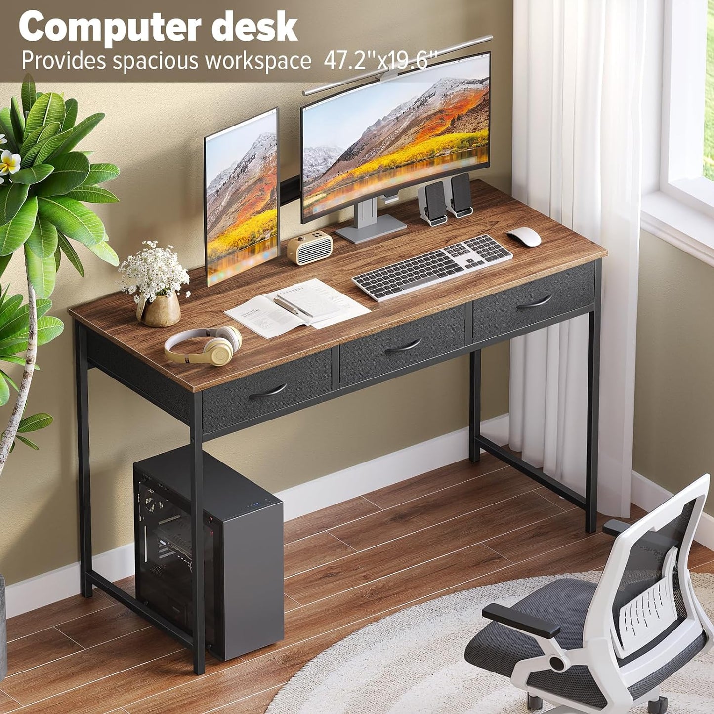 WOHOMO Computer Desk with 3 Drawers, 47.2 Inch Bedroom Desk with Storage, Home Office Desk for Room Spaces, Modern Work Writing Study Tables, Rustic