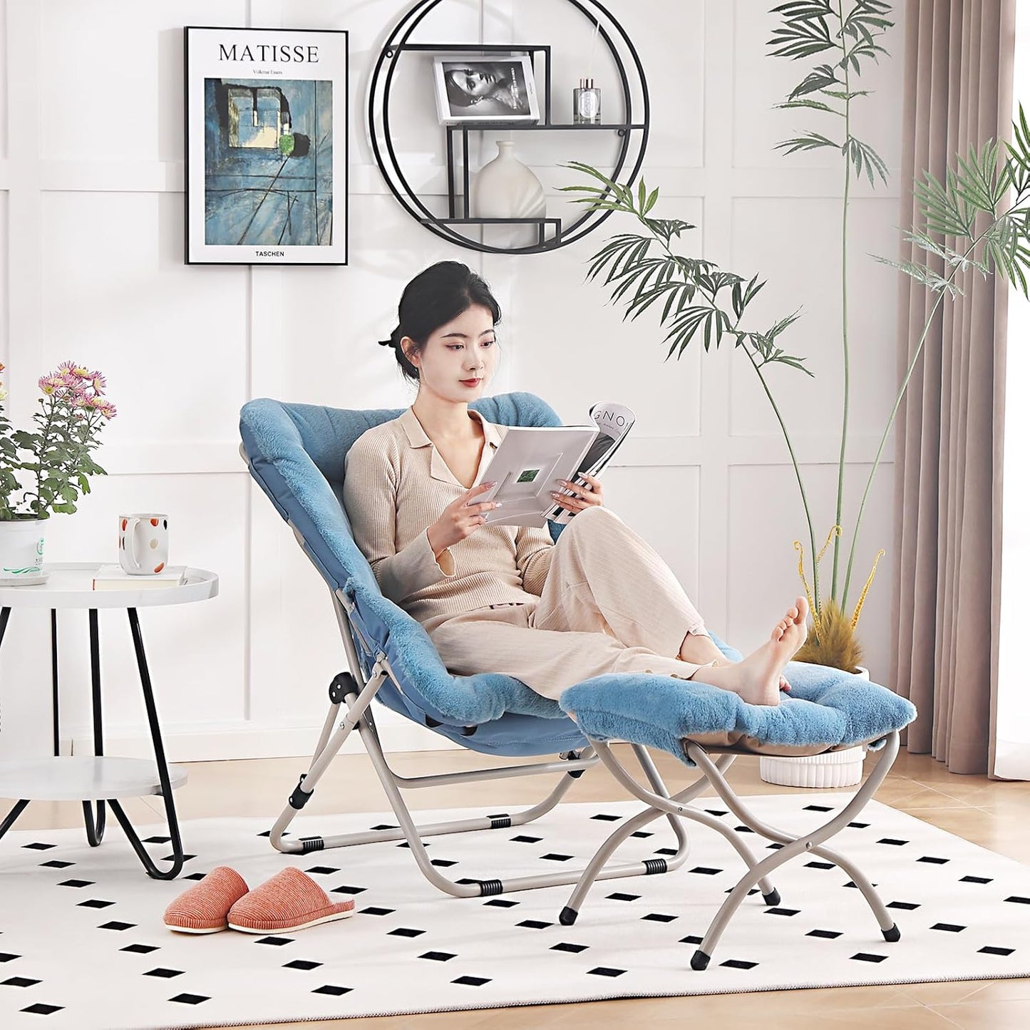 Saucer Chair with Ottoman, Comfy Oversized Folding Chair, Faux-Fur Reading Chair for Teens, Adults, Foldable Accent Lazy Chair, Metal Frame Lounge Chair for Living Room, Bedroom, Blue