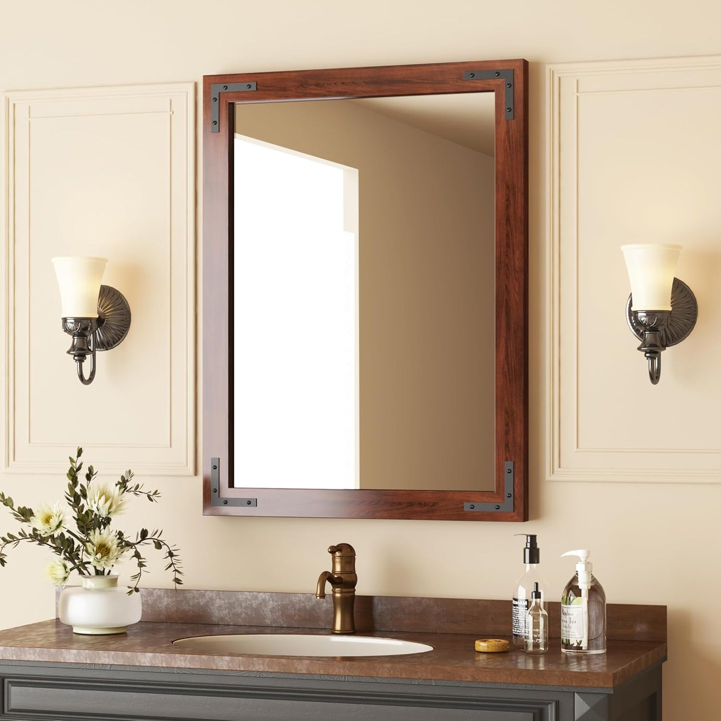 VocalStar Rustic Wood Framed Mirror 24 x 32 Inch, Natural Dark Brown Wooden Rectangle Bathroom Vanity Wall Mirror for Farmhouse Boho Decor, 1/4-inch Shatterproof Glass | Waterproof