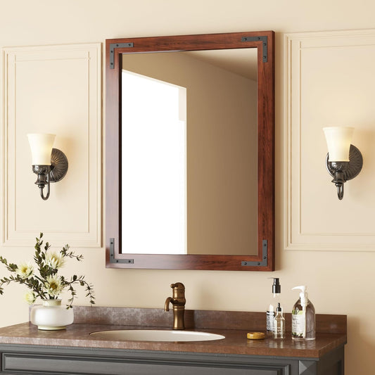 VocalStar Rustic Wood Framed Mirror 22 x 30 Inch, Natural Dark Brown Wooden Rectangle Bathroom Vanity Wall Mirror for Farmhouse Boho Decor, 1/4-inch Shatterproof Glass | Waterproof