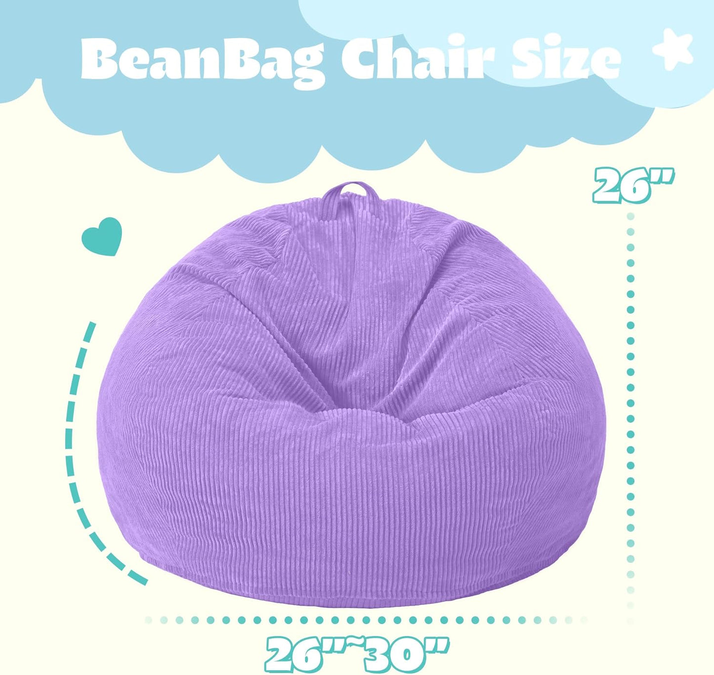HABUTWAY 2 FT Bean Bag Chair,Giant Bean Bag Chairs,Big Bean Bags with Memory Foam Filled, Large Beanbag Chairs with Soft Corduroy Cover-Purple