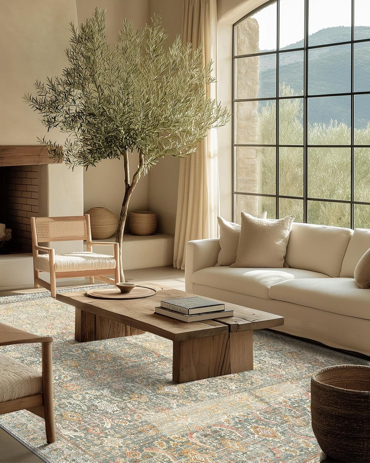 3X5 Area Rugs Machine Washable Rugs for Living Room, Vintage Boho Large Rugs for Bedroom Dining Room, Non Slip Indoor Soft Distressed Lightweight Thin Low Pile Carpet, Turmeric