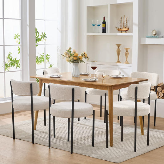 Dining Chairs Set of 6, White Boucle Dining Chair, Curved Backrest Upholstered Dining Room Chairs with Black Metal Legs, Mid Century Modern Dining Chairs for Kitchen, Living Room, White