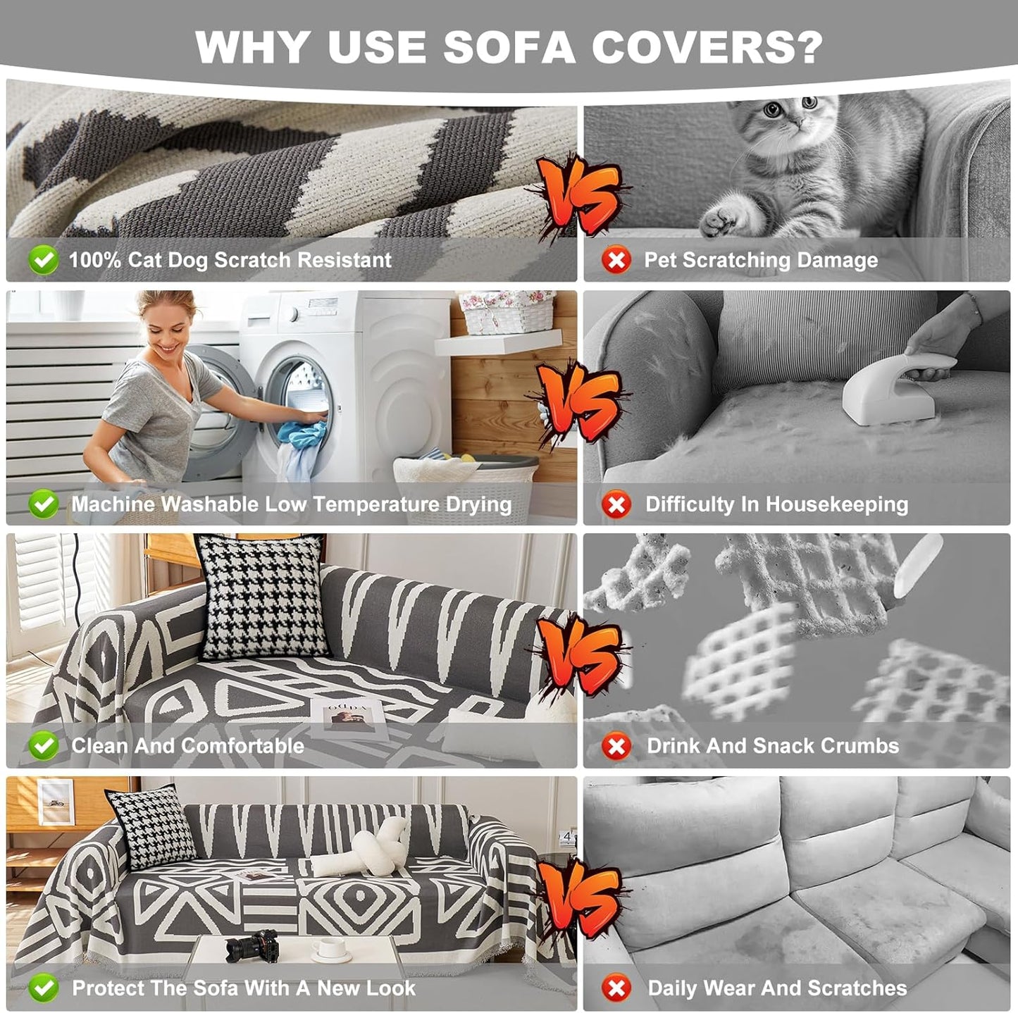 STACYPIK Modern Dark Grey Couch Cover, Boho Chenille Sofa Covers for Loveseat, Reversible Non Slip Triangle Pet Protector for 3 Cushion Couch Washable Sectional Couch Cover for L-Shaped-71X150IN