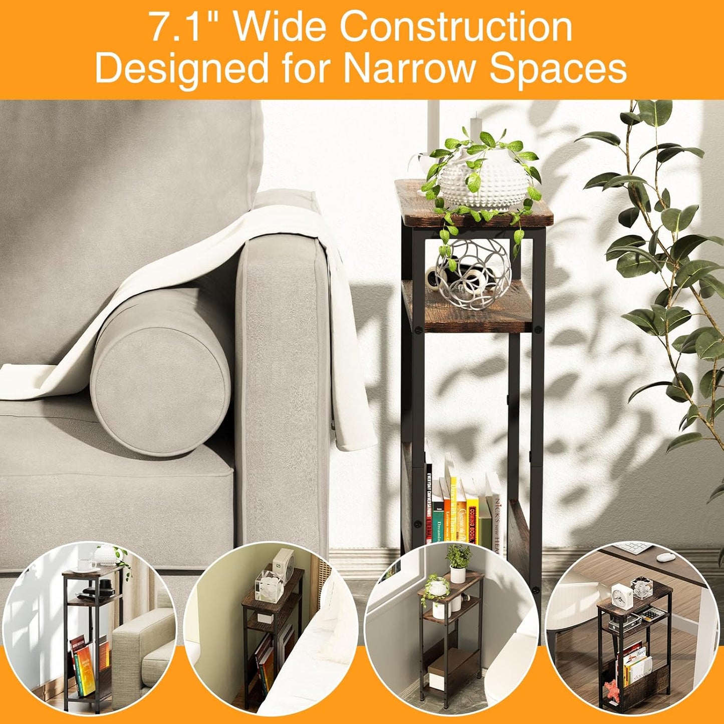 7.1" Narrow Side Table for Small Spaces, 3 Tier Small End Table with Magazine Holder, Slim/Skinny Nightstand/Bedside Table for Living Room, Bedroom, 15.4" L x 24.2" H