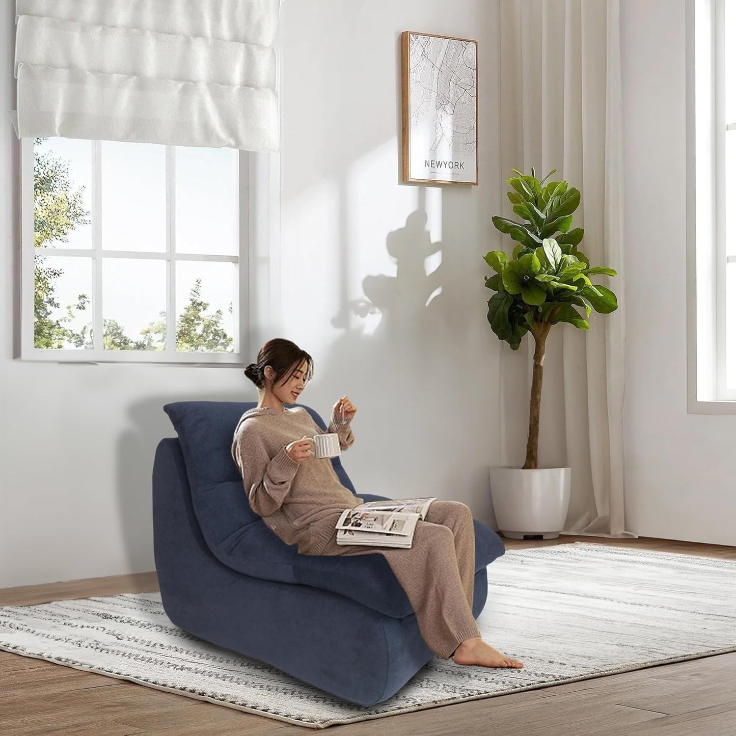 Bean Bag Chair - Memory Foam Bean Bag Chair for Adults, Comfy High-Resilience Single Sofa, Small Space Floor Chair, Chaise Lounge for Living Room, Bedroom (Dark Blue, Cushions)