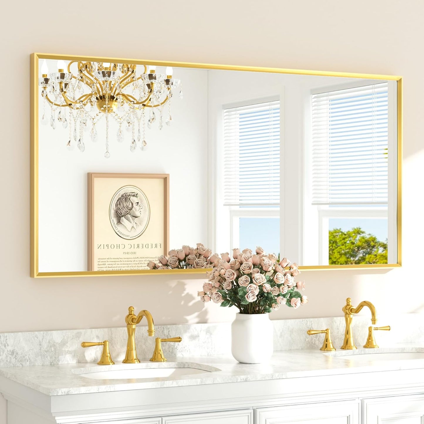 TETOTE Brushed Gold Mirror Beveled Frame 60" x 30" Large Brass Gold Rectangle Bathroom Vanity Wall Mirror for Over Sink, Modern Farmhouse, Tempered Glass, Shatterproof, Stronger Frame