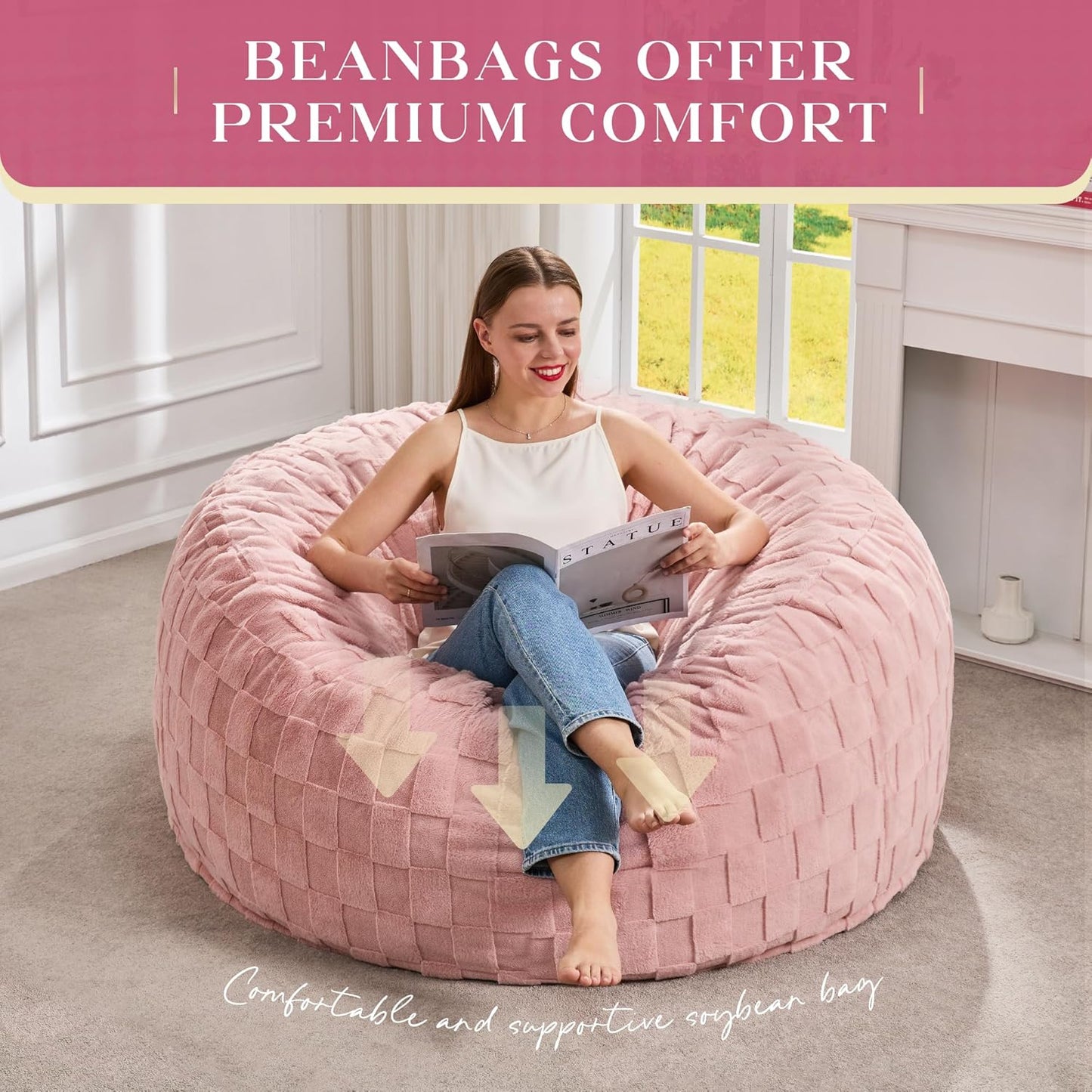 Hobestluk Bean Bag Chairs Beanbag Chair with Filler Adult Bean Bags with Fluffy Cover, Giant Bean Bag Chairs for Adults for Living Room, Bedroom (Pink, 4FT - 44” x 44” x 24”)
