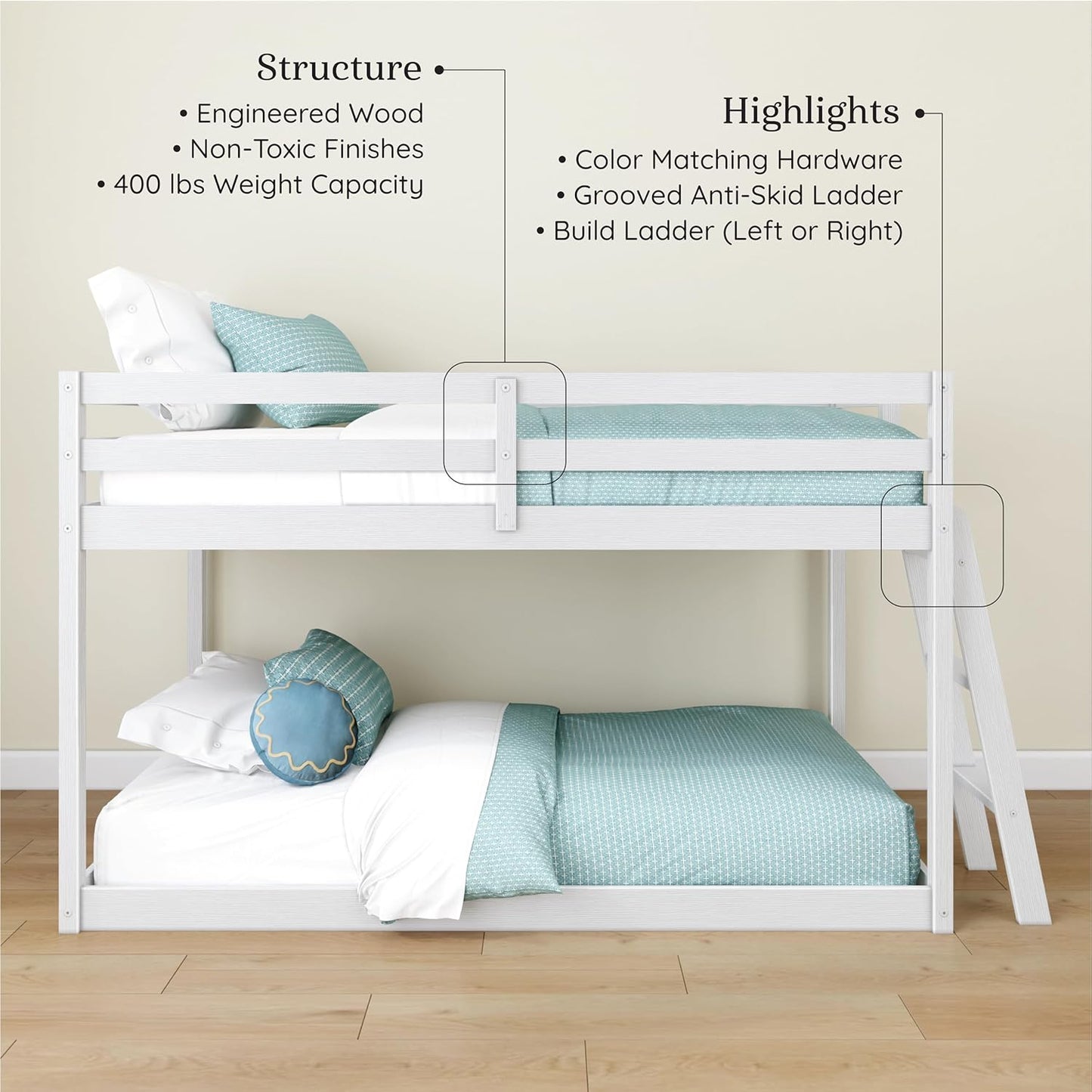 Grain & Grove Bear Twin Over Twin Bunk Bed, Low Bunk Bed Frame for Kids, Bunk with Ladder, Guardrail, and Slats, No Box Spring Required, Brushed White