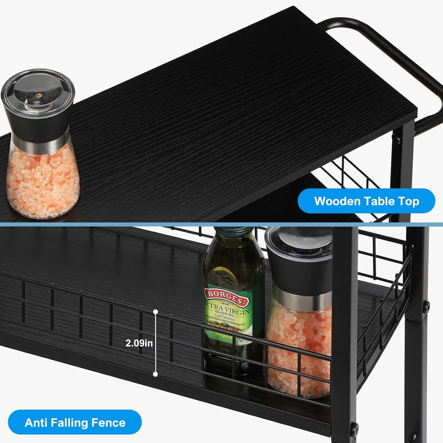 YBING Slim Storage Cart Kitchen Rolling Utility Cart on Wheels 4 Tier Mobile Narrow Cart with Wood and Metal Handle Slide Out Storage Shelving Unit Cart for Kitchen Living Room Small Places Black