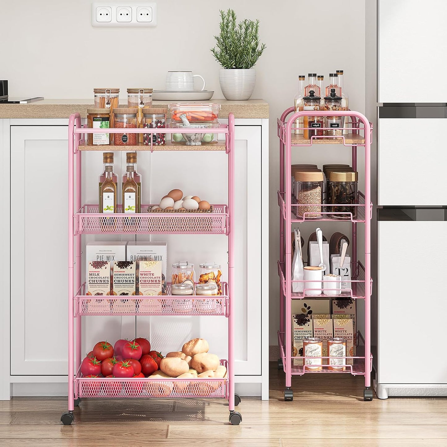 KINGRACK 4-Tier Wide Metal Rolling Storage Cart, Utility Cart with Wooden Tabletop for Laundry, Bathroom, Kitchen, Apartments, Dormitory (Pure Pink, Wide)