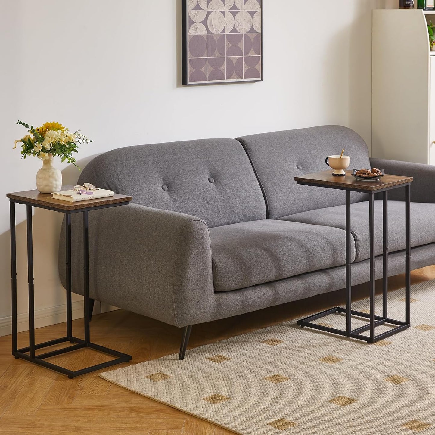 Side Table Small End Table C Shaped, Slide Under Laptop Desk for Couch, Living Room Side Table, TV Trays for Eating on Couch, Rustic Brown+Black YD-TM051HB-2