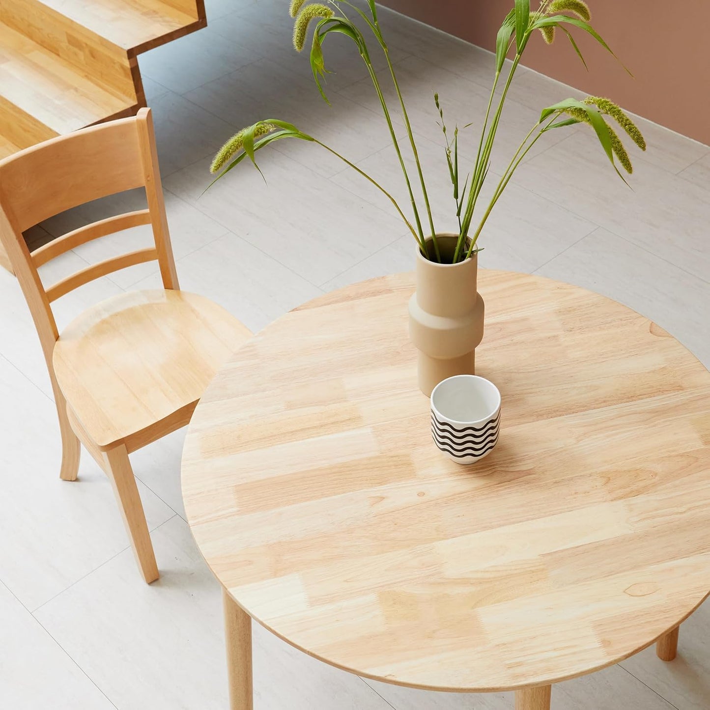 Livinia Aslan 35.4" Round Wooden Dining Table/Mid Century Modern Malaysian Oak Kitchen Table (Natural-Oak)