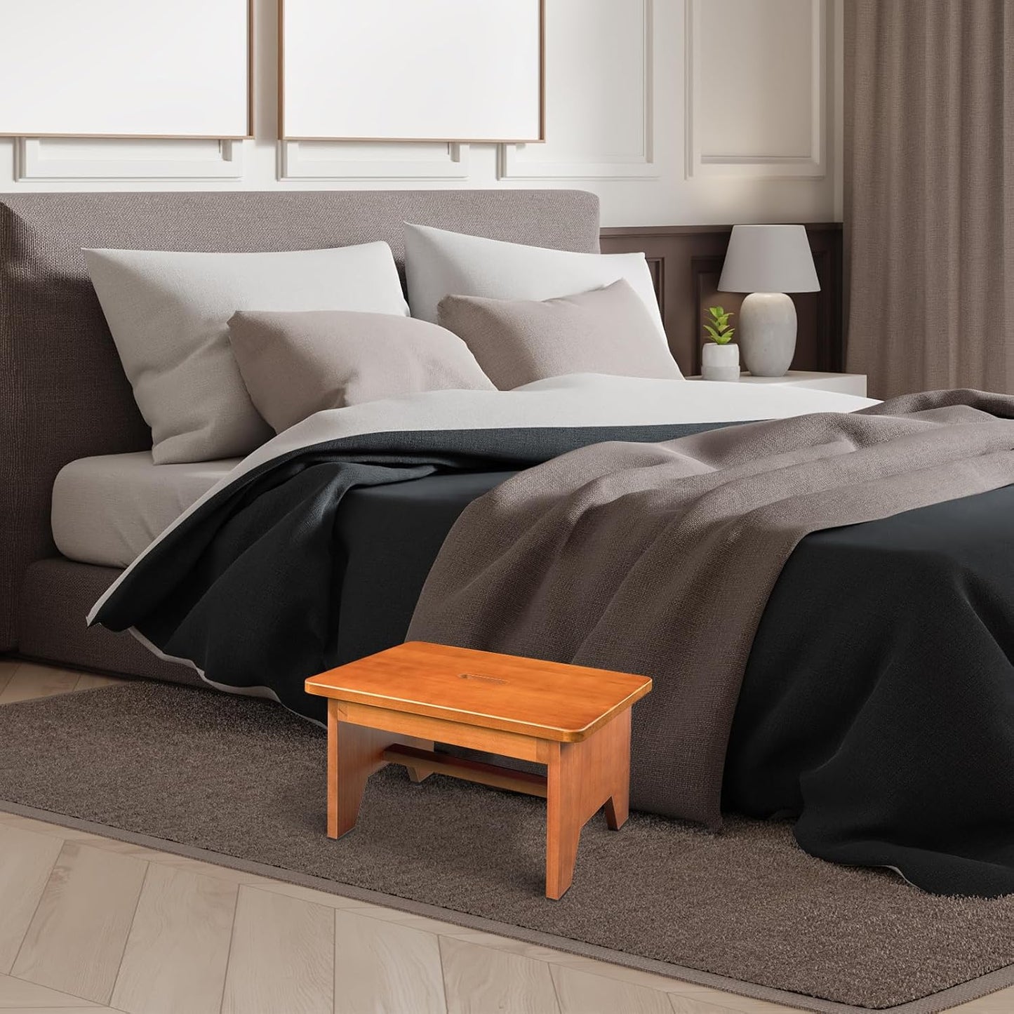 Wooden Step Stool for Adults,9.1''High One Step Stool for High Bed/Kitchen Riser,550 Lbs Beside Step Stool for Elderly Kids-Sturdy/Durable Footstool,Nonslip Stepping Stool for Bedroom/Kitchen/Bathroom