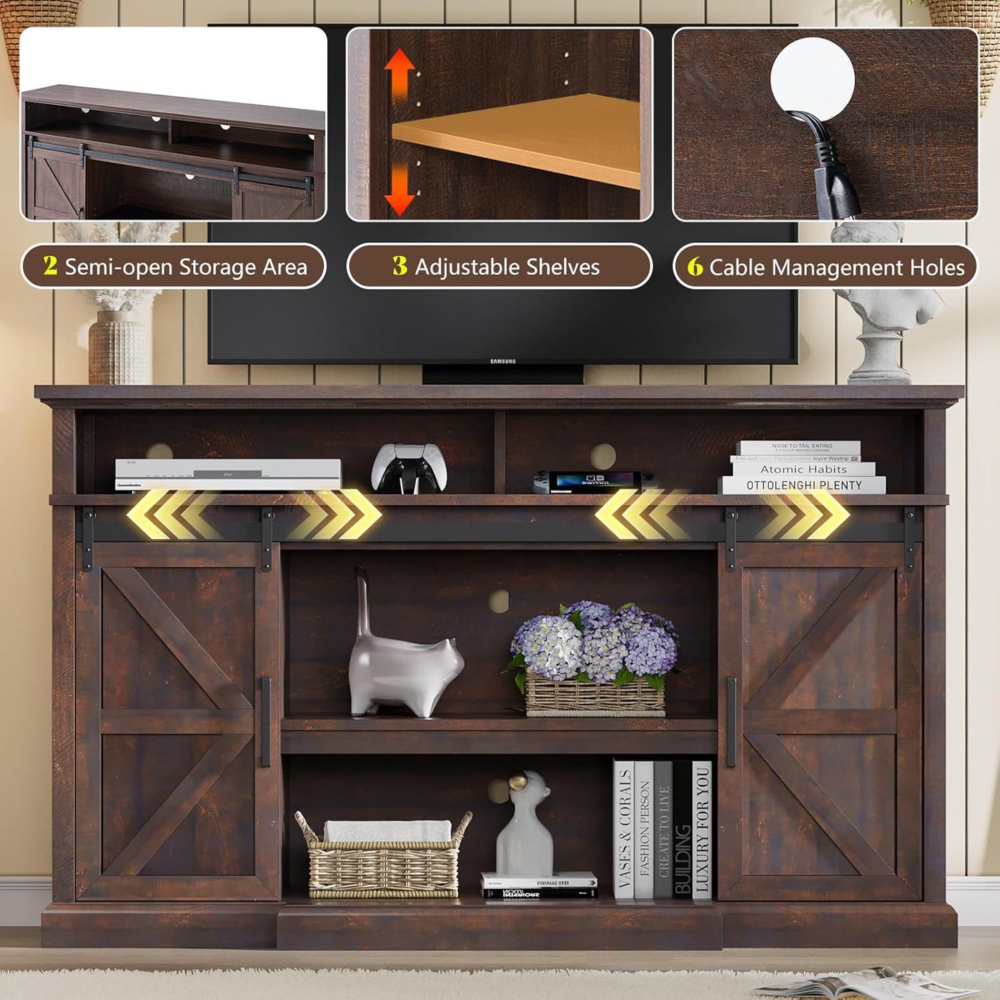 66" Farmhouse TV Stand for 75 Inch TVs, 40" Tall Entertainment Center with Sliding Barn Doors, Rustic Media Console Table Storage Cabinet with Adjustable Shelves, Living Room, Sawdust Brown