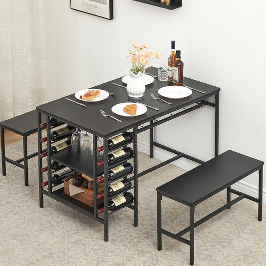 IDEALHOUSE Dining Table Set for 4, Kitchen Table Set for 4 with 2 Benches, Rectangular Dining Room Table Set with Wine Rack, 3 Piece Dining Table Set for Small Space Apartment, Black