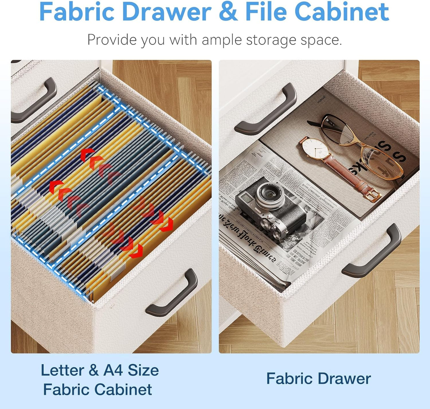 Casaottima 40" Small Computer Home Office Desk for Bedroom with Fabric Drawers & File Cabinet, Cloth Storage Bag and Hook, Writing Study Work Table for Small Space, White