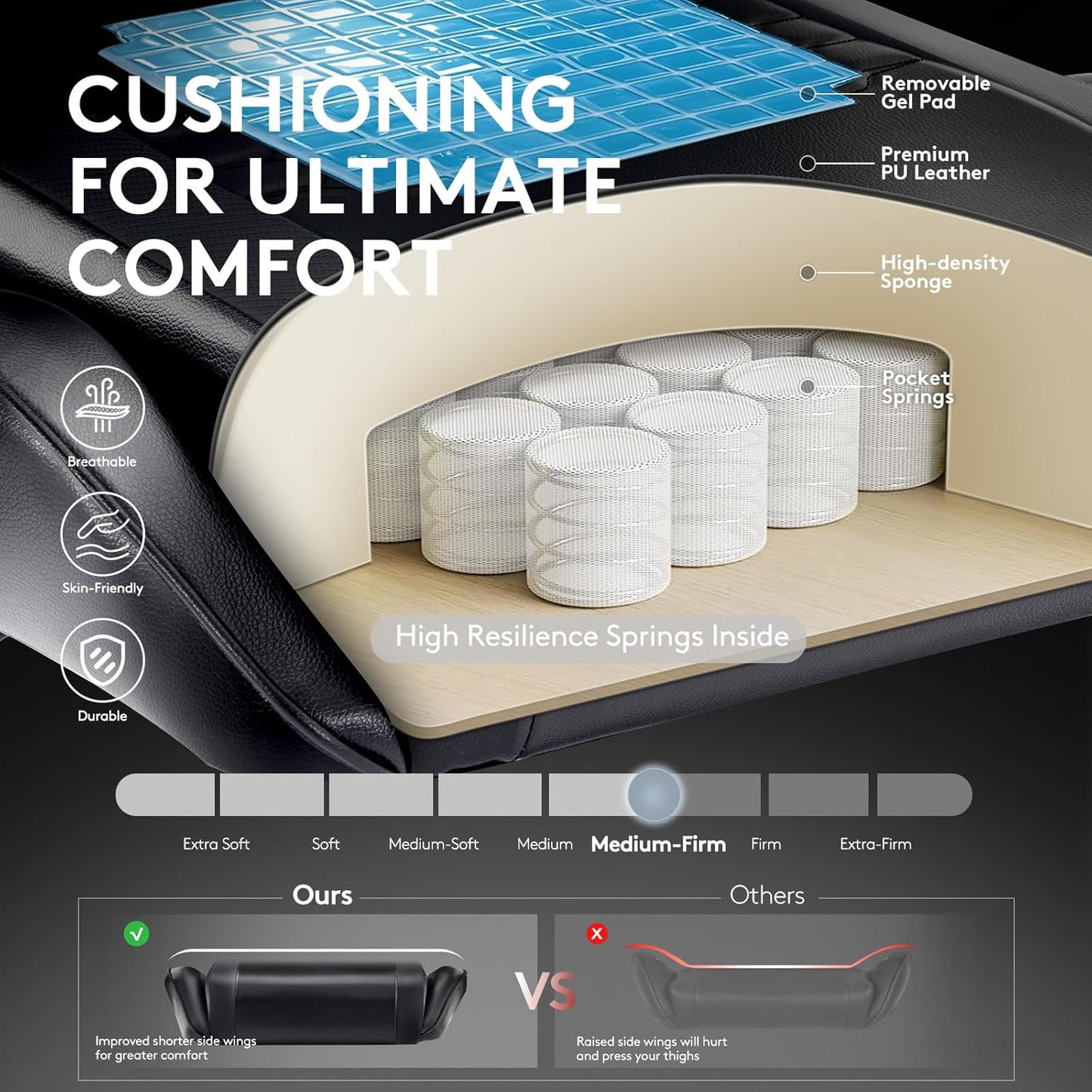 Gaming Chair,Computer Office Chair with Footrest,Massage Lumbar Support and Gel Pad,Ergonomic Reclining Adjustable Leather Gamer Chair with Headrest and Spring Cushion Black