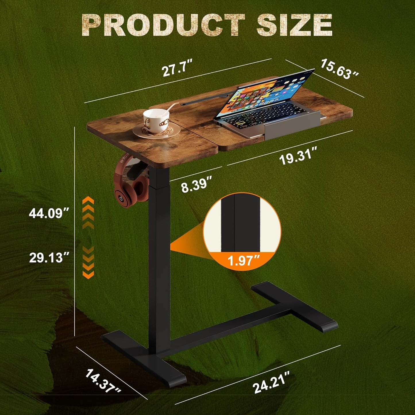 Standing Desk, Medical Overbed Table with Rolling Tray, Dual Pneumatic Angle and Height Adjustable Desk, Portable Side Table with Hidden Wheels, Home & Hospital Use, Rustic Brown