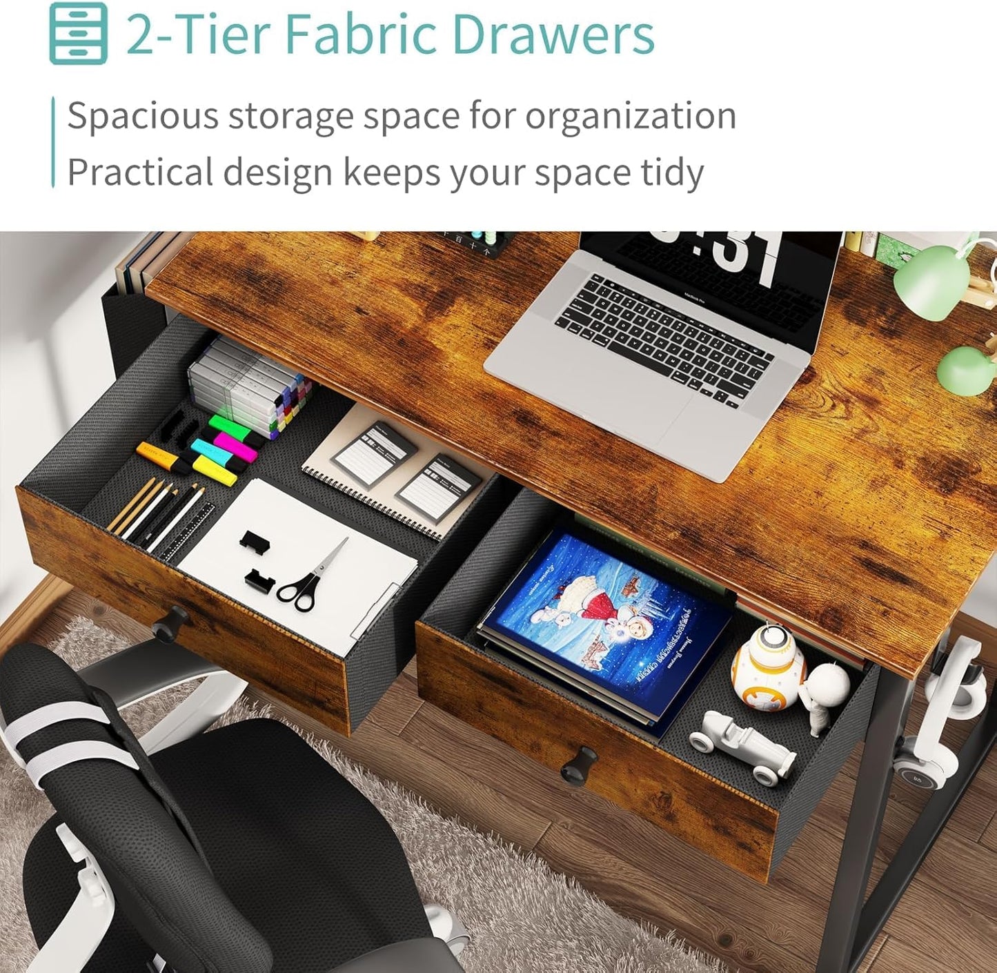 Lufeiya Small Computer Desk with 2 Drawers for Bedroom, 31 Inch Home Office Desk with Storage Fabric Drawer and Bag, Study Writing Table for Small Spaces, Rustic Brown