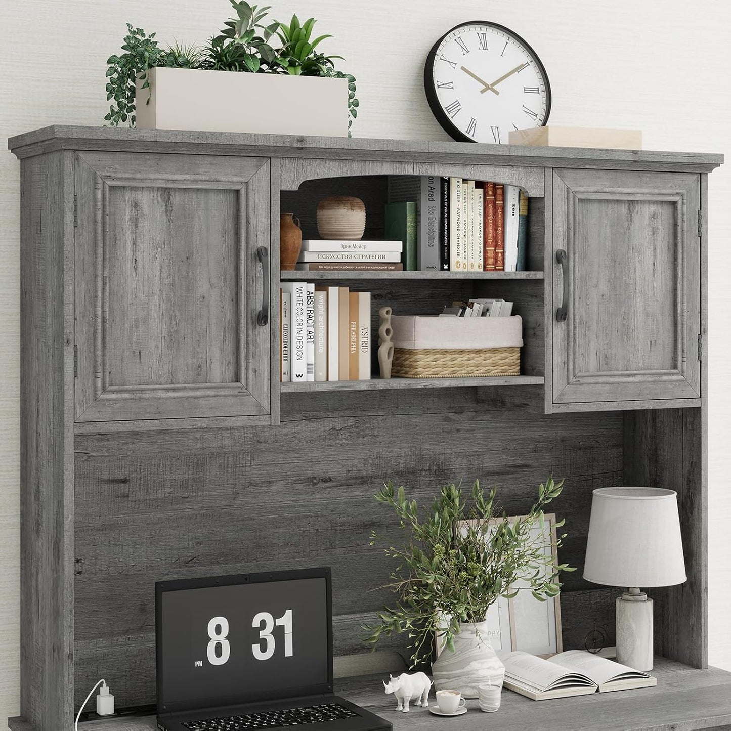 Farmhouse 47" Executive Desk with Hutch, 2 Drawers and LED Light, Computer Desk with Storage Cabinet and Charging Station,Workstation for Home Office and Study.Grey