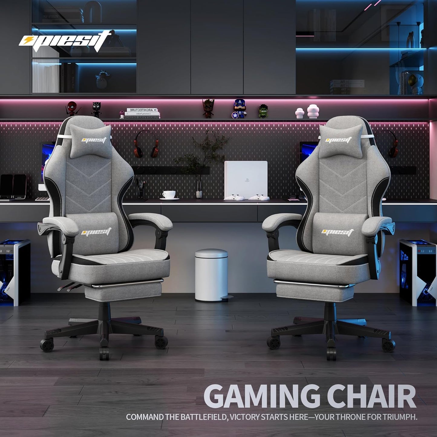 Gaming Chair,Fabric Computer Chair with Pocket Spring Cushion,400 lb Load Capacity,Ergonomic Office Chair with Footrest,Height Adjustable Video Gamer Chair with Lumbar Support (Grey)