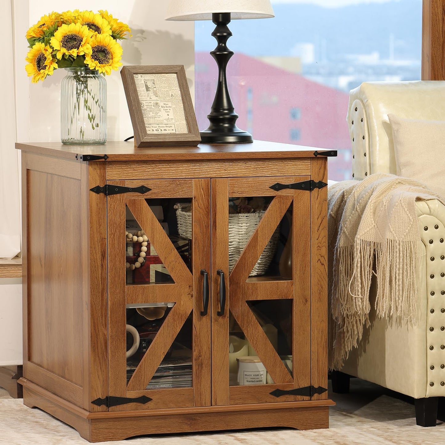 Farmhouse End Table, 24" Large End Tables with Storage, Rustic Square Sofa Beside Table with Glass Barn Door, Wood Side Table Square Nightstand for Living Room, Bedroom, Office (Vintage Brown)