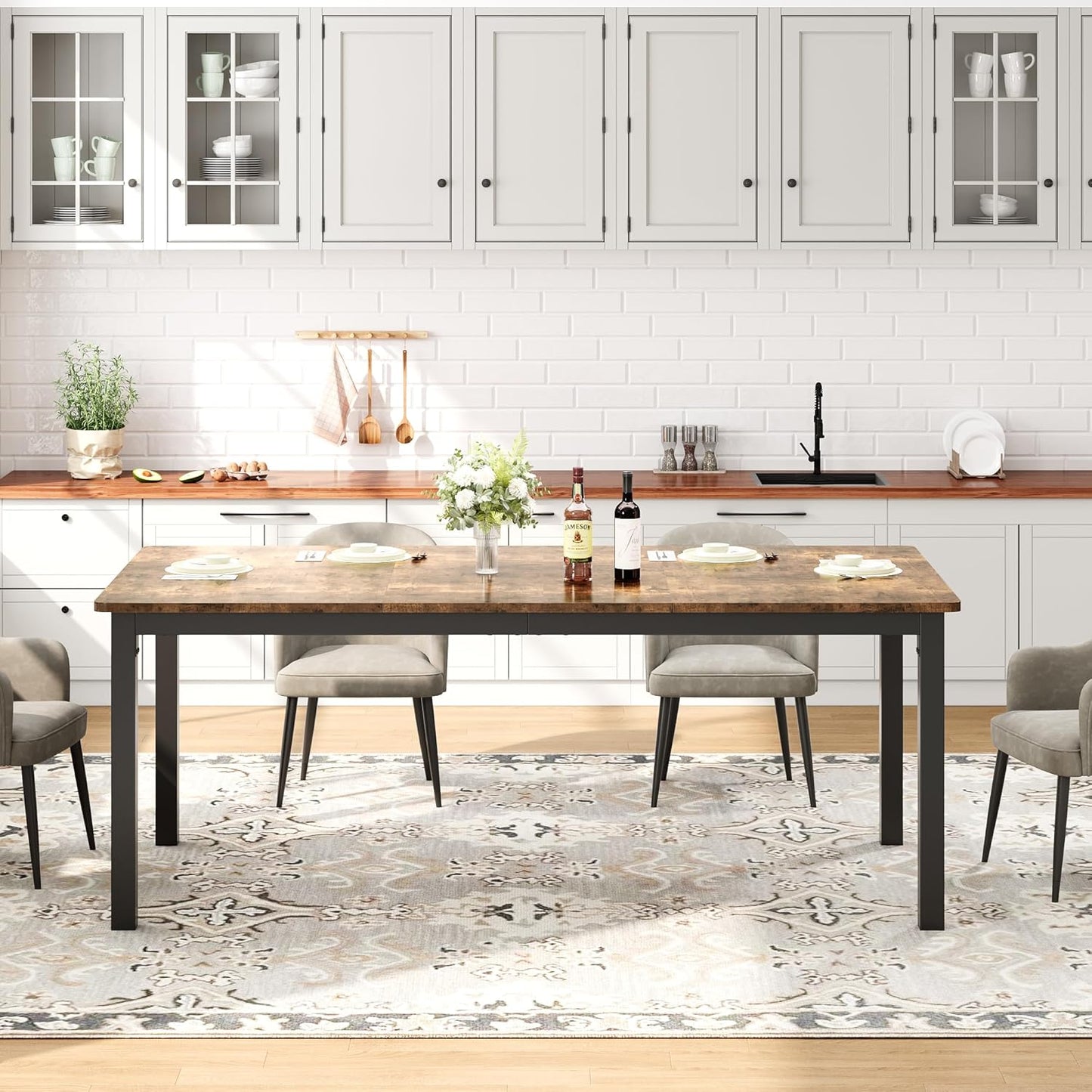 GarveeHome 70.8in Industrial Dining Table for 6, Wooden Long Dinner Table with Mortise Tenon Design, Kitchen Table with Sturdy Metal Legs, for Dining Room Home Office Living Room, Retro