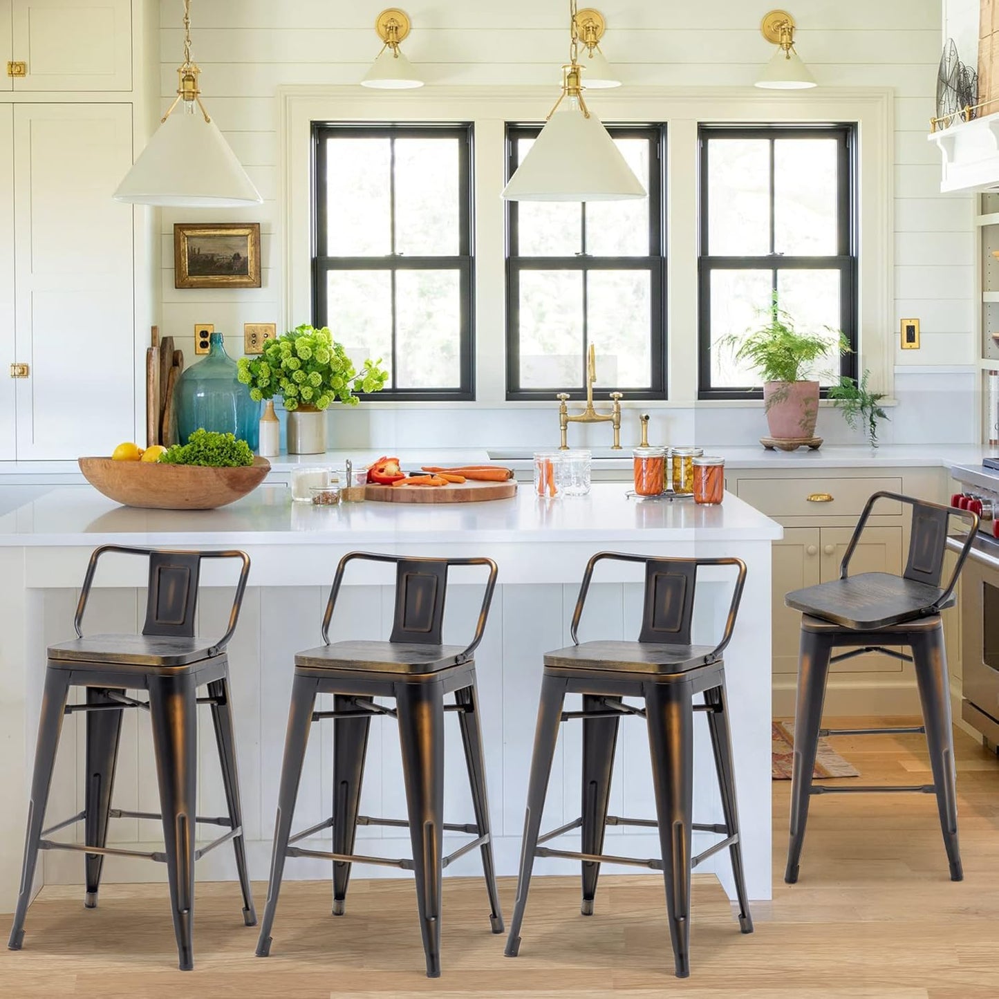 30 Inch Swivel Bar Stools Set of 4 with Backs Counter Height Industrial Metal Barstools Island Bar Chairs for Home Kitchen Dining Room (Swivel 30 inch, Distressed Gold Wooden)