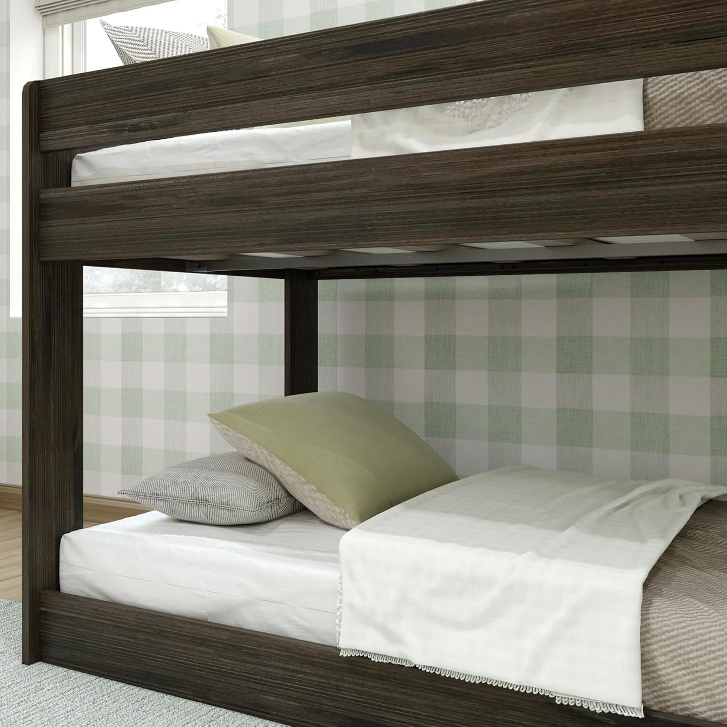 Max & Lily Modern Farmhouse Low Bunk Bed, Twin-Over-Twin Bed Frame For Kids, Barnwood Brown