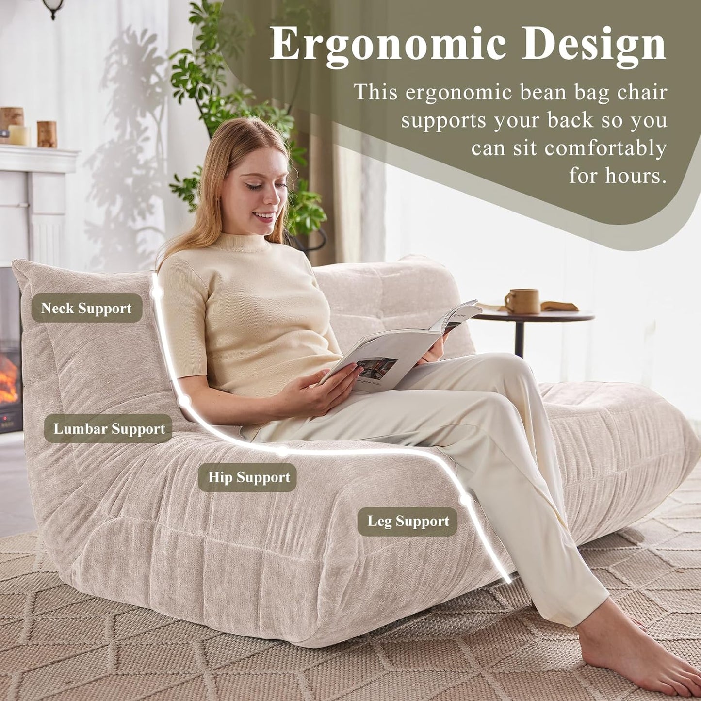 Bean Bag Chair, Loveseat Fireside Chair Large Bean Bag Sofa for Adults, Memory Foam Two Seater Couch Gaming Chairs with Comfy Design, Lazy Floor Sofa for Living Room, Bedroom, Beige